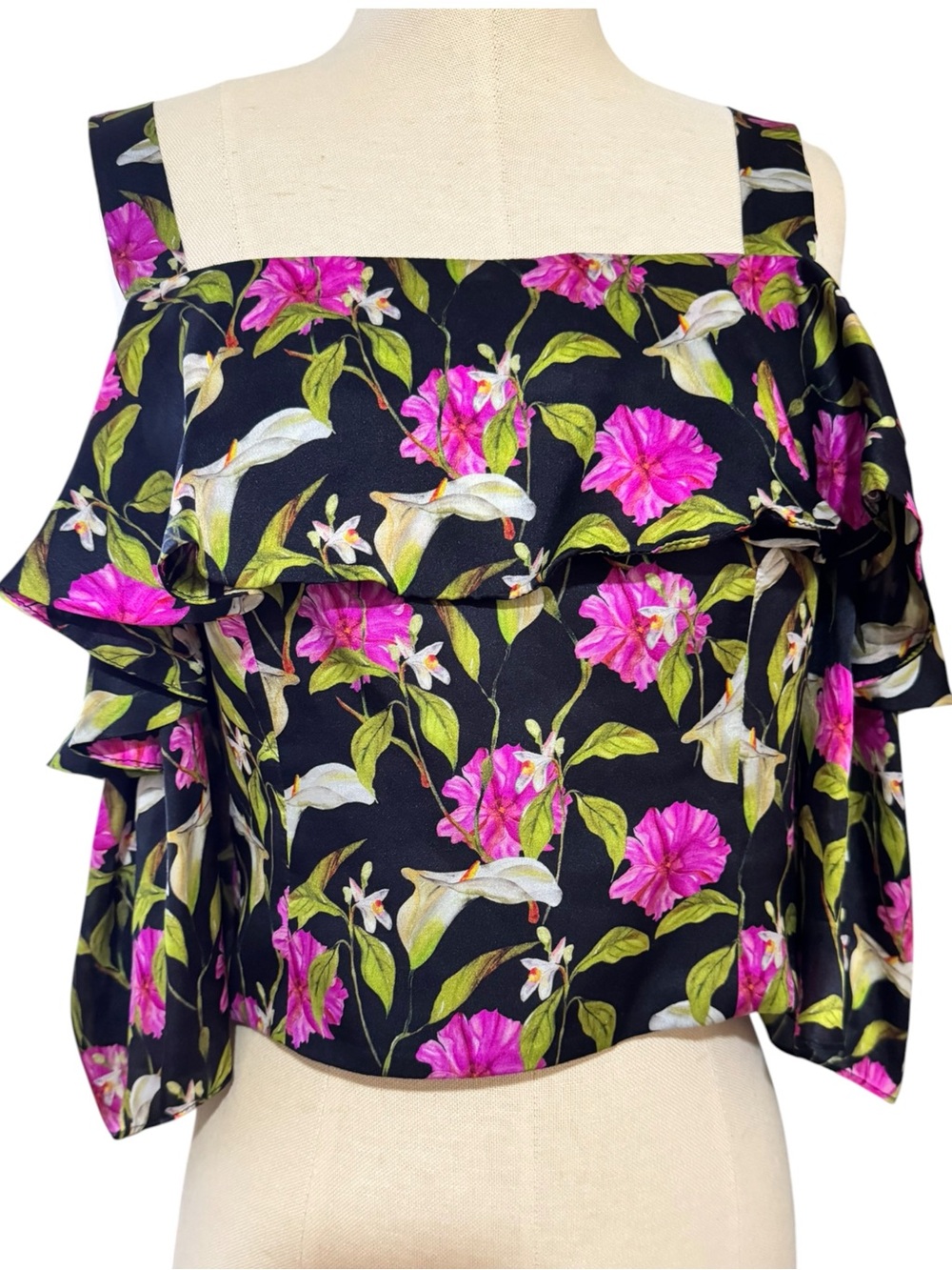 milly silk off shoulder floral ruffle crop top sz 6
